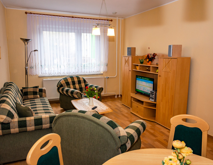 G-Whg Moritzburger Str. 98a – rechts - Karrierte Couch mit Medienwand aus Holz