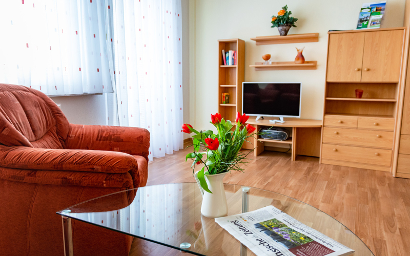 Gästewohnung Radebeuler Str. 6b - Schrankwand, Couch und Glastisch