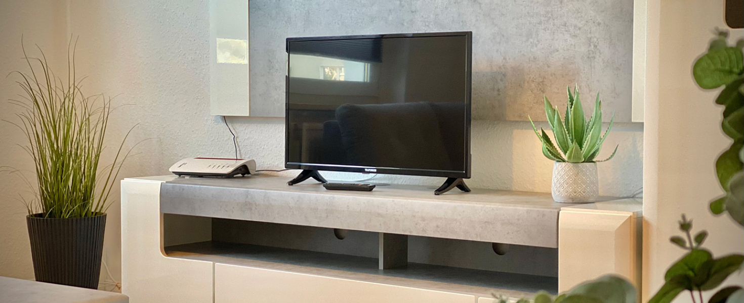 Medienwand mit Fernseher und Grünpflanzen, farblich harmonisch abgestimmt