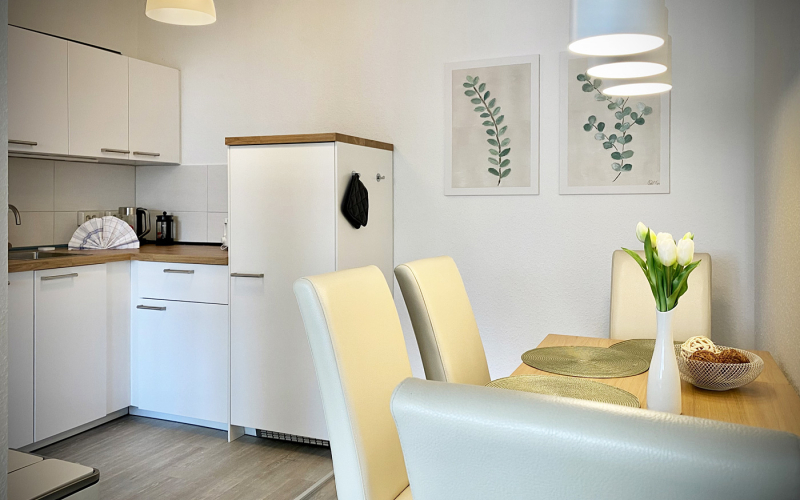 Gästewohnung Radebeuler Straße 6a - helle Küche mit Tisch, Stühlen, schönes Ambiente